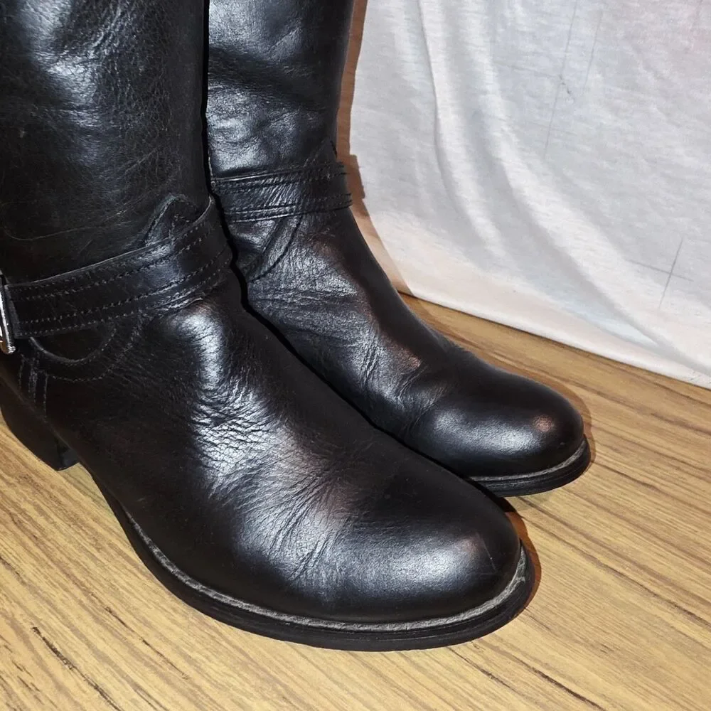 CHOCOLAT BLU NESSA 9 Blk Leather Buckle Zip Tall Stretch Calf Heel Riding Boots